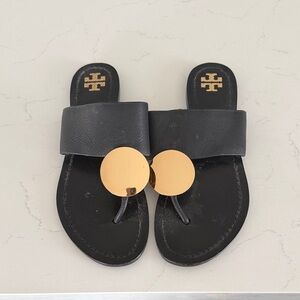 Tory Burch Black and Gold Slide Sandals